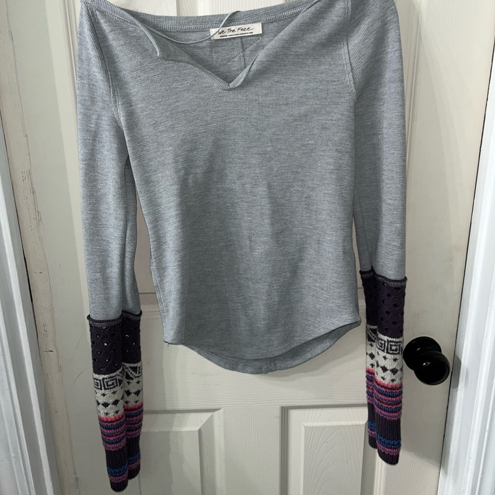 We The Free Gray Top with Colorful Patterned Sleeves